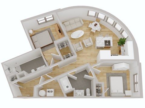 A top-down view of a house layout with a living room, dining area, kitchen, and bedrooms.